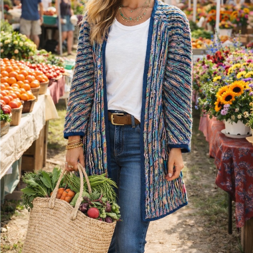 Maralyce Ferree RARE Eclectic Multicolour Textured Denim Coat